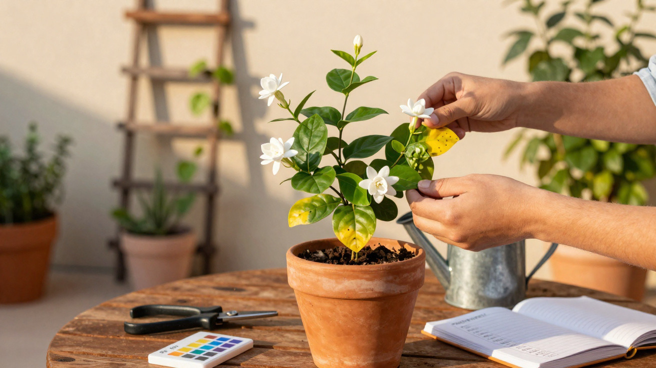 Mãos cuidando de planta com flores brancas em vaso de barro sobre mesa com ferramentas e caderno.