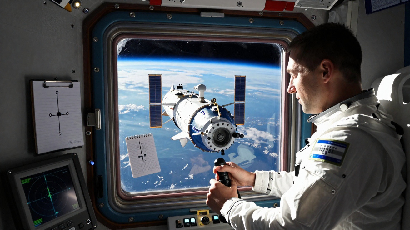 Astronauta dentro da estação espacial operando controles com nave espacial e Terra visíveis pela janela.