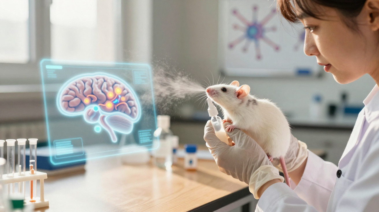 Cientista segurando rato branco enquanto aplica spray nasal em laboratório com imagem holográfica de cérebro.