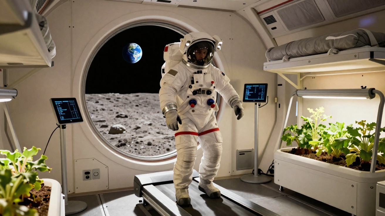 Astronauta exercitando-se em esteira dentro de módulo lunar com plantas e visão da Terra pela janela.