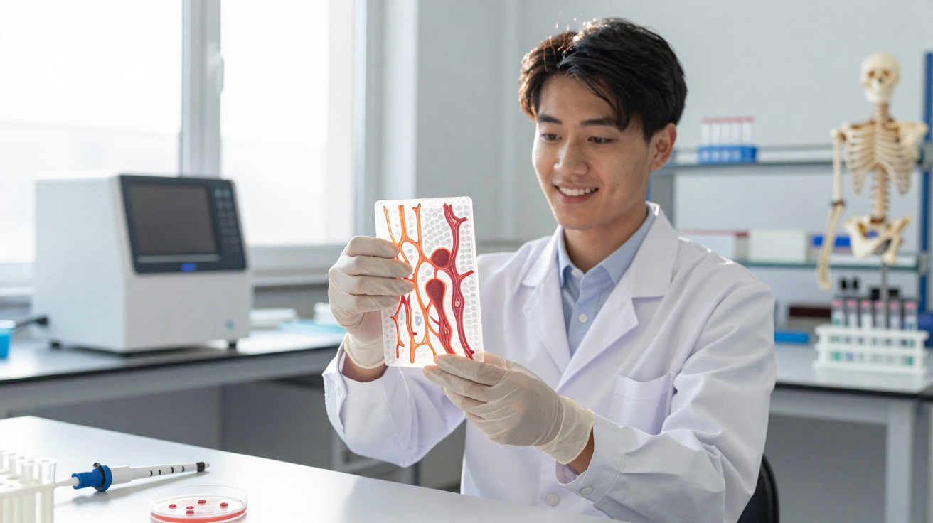 Pesquisador de jaleco branco analisando um modelo anatômico colorido em laboratório moderno.