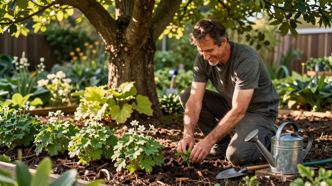 Homem sorridente plantando mudas em jardim sob árvore, com regador e ferramentas ao lado.