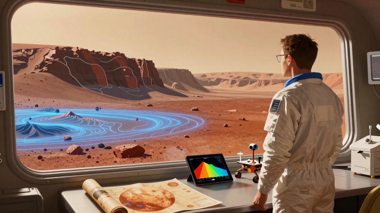 Astronauta observa formação rochosa em planeta árido com holograma azul e equipamentos tecnológicos na estação.