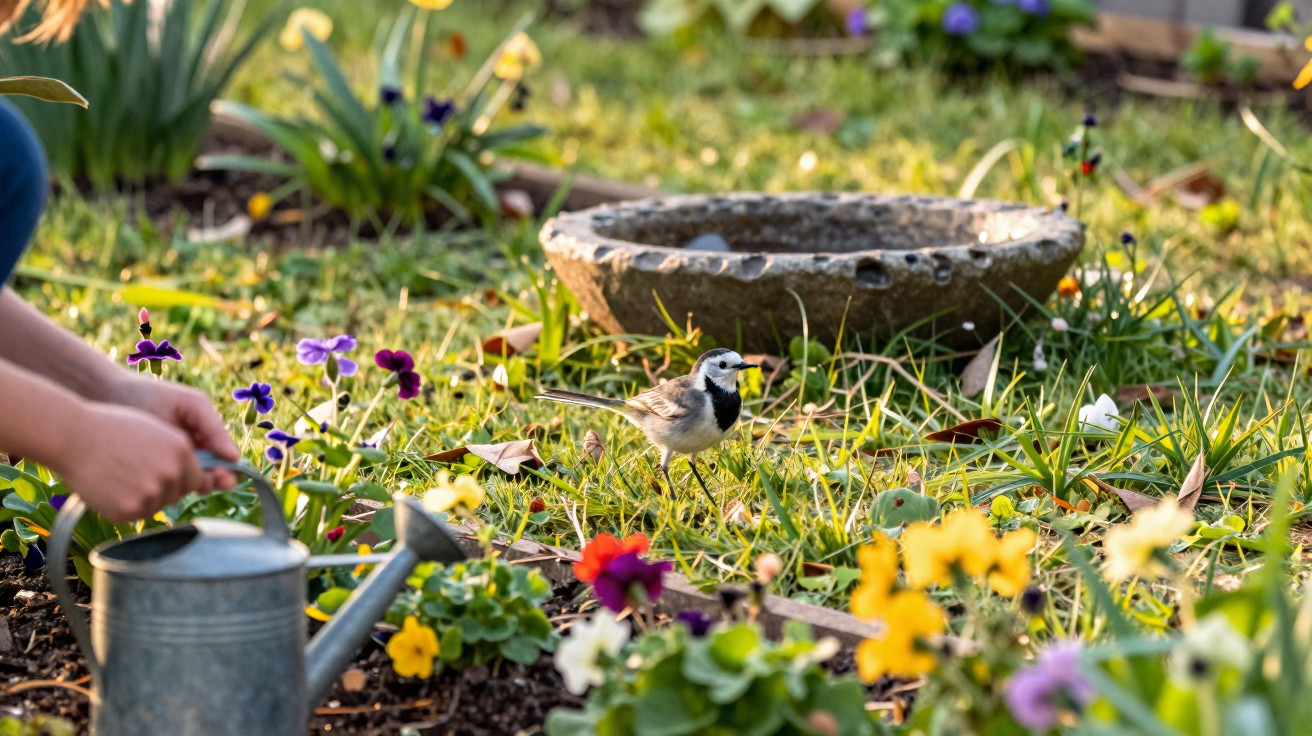 Mão regando flores coloridas em jardim com pássaro no chão próximo a bebedouro.