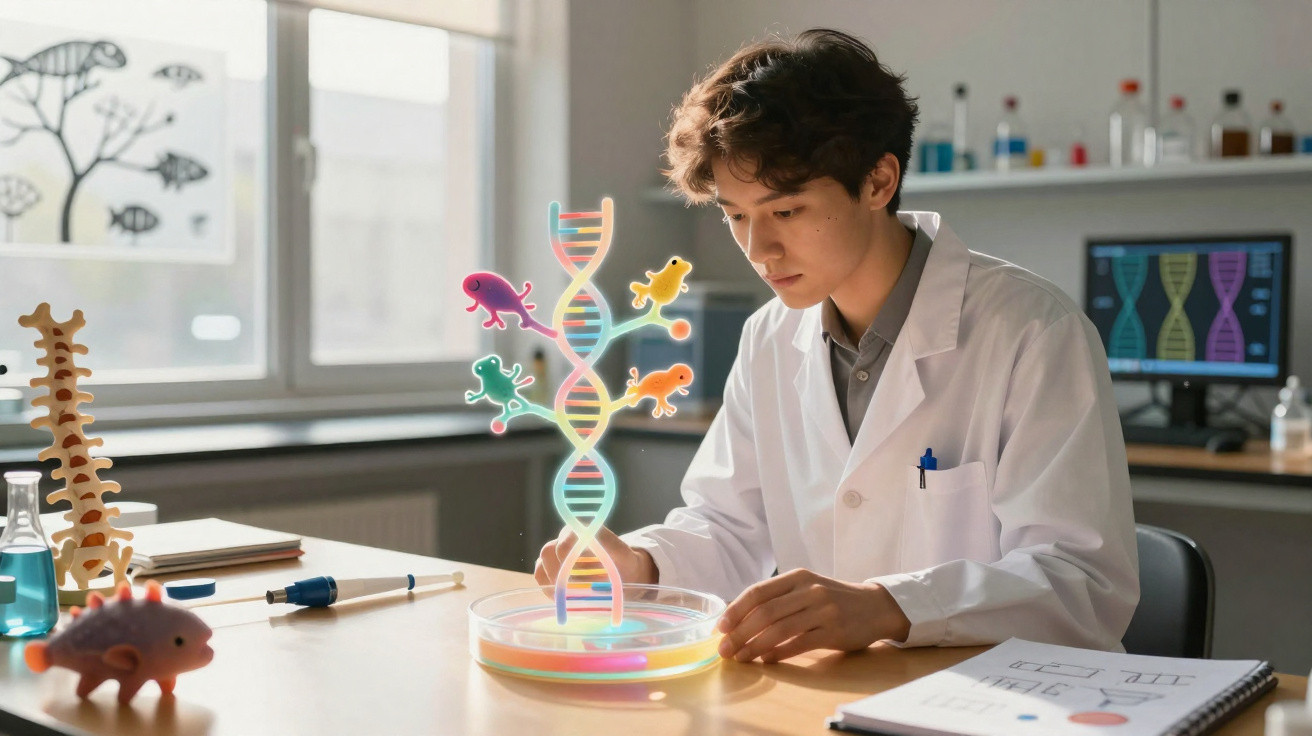 Jovem cientista em laboratório estudando modelo tridimensional de DNA colorido com imagens de anfíbios.