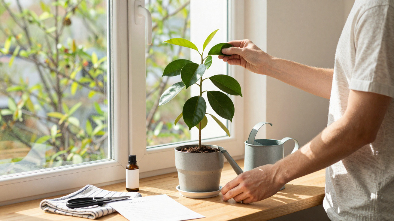 Pessoa cuidando de planta em vaso sobre bancada próxima à janela em ambiente iluminado pela luz natural.