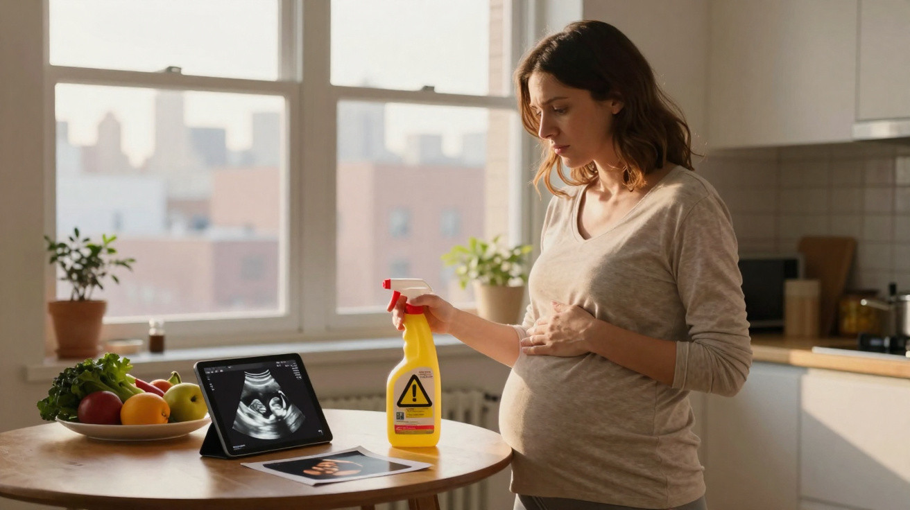 Mulher grávida na cozinha segurando frasco de produto químico, olhando imagem de ultrassom sobre mesa.