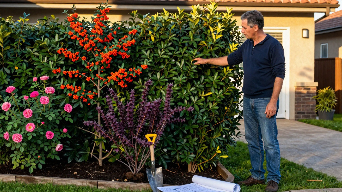 Homem cuidando de arbustos floridos e frutíferos em jardim residencial à tarde.