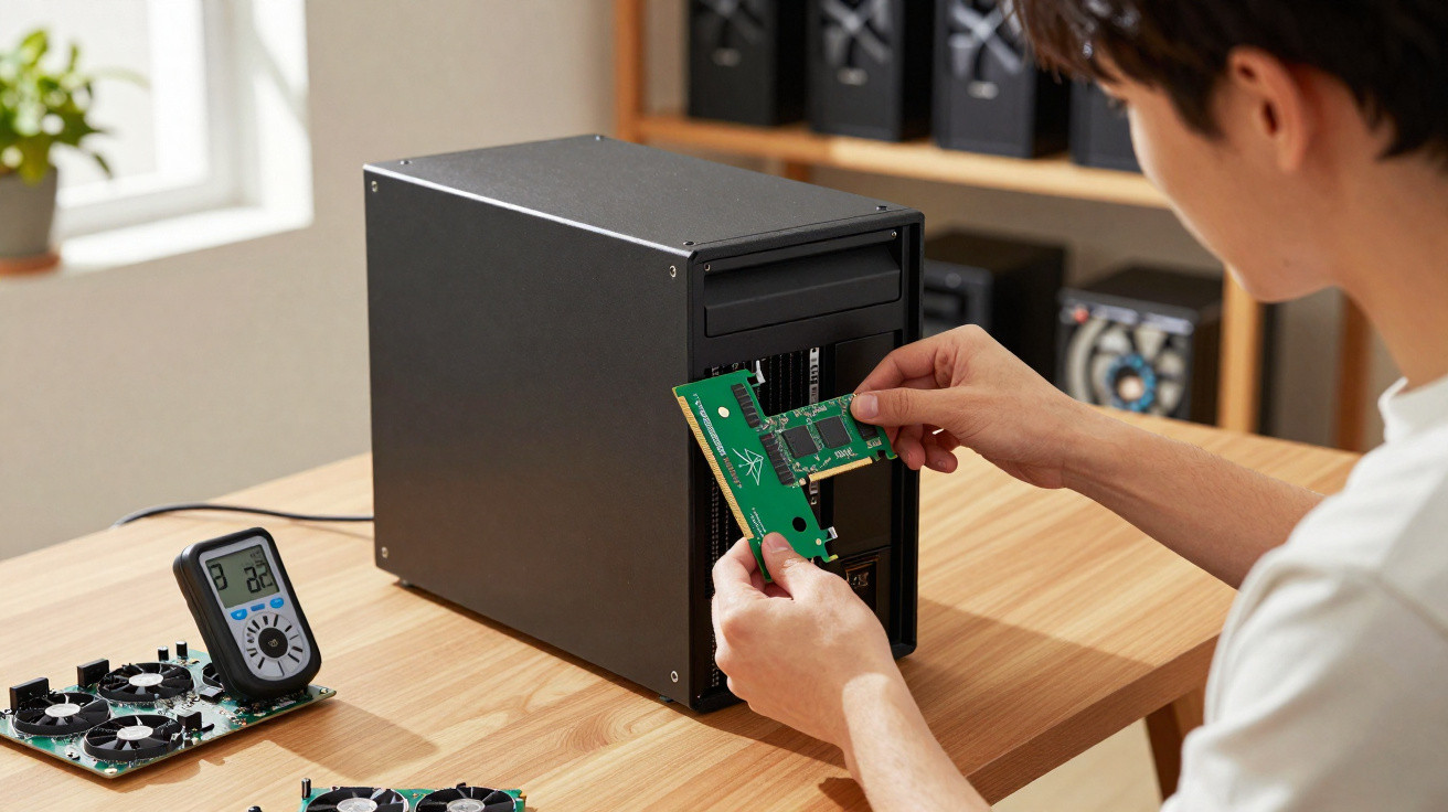 Pessoa instalando componente de hardware em gabinete de computador sobre mesa de madeira.