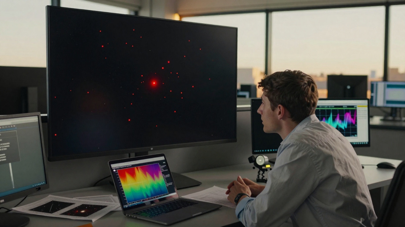 Homem analisando dados astronômicos em vários monitores em um escritório moderno com luz natural.
