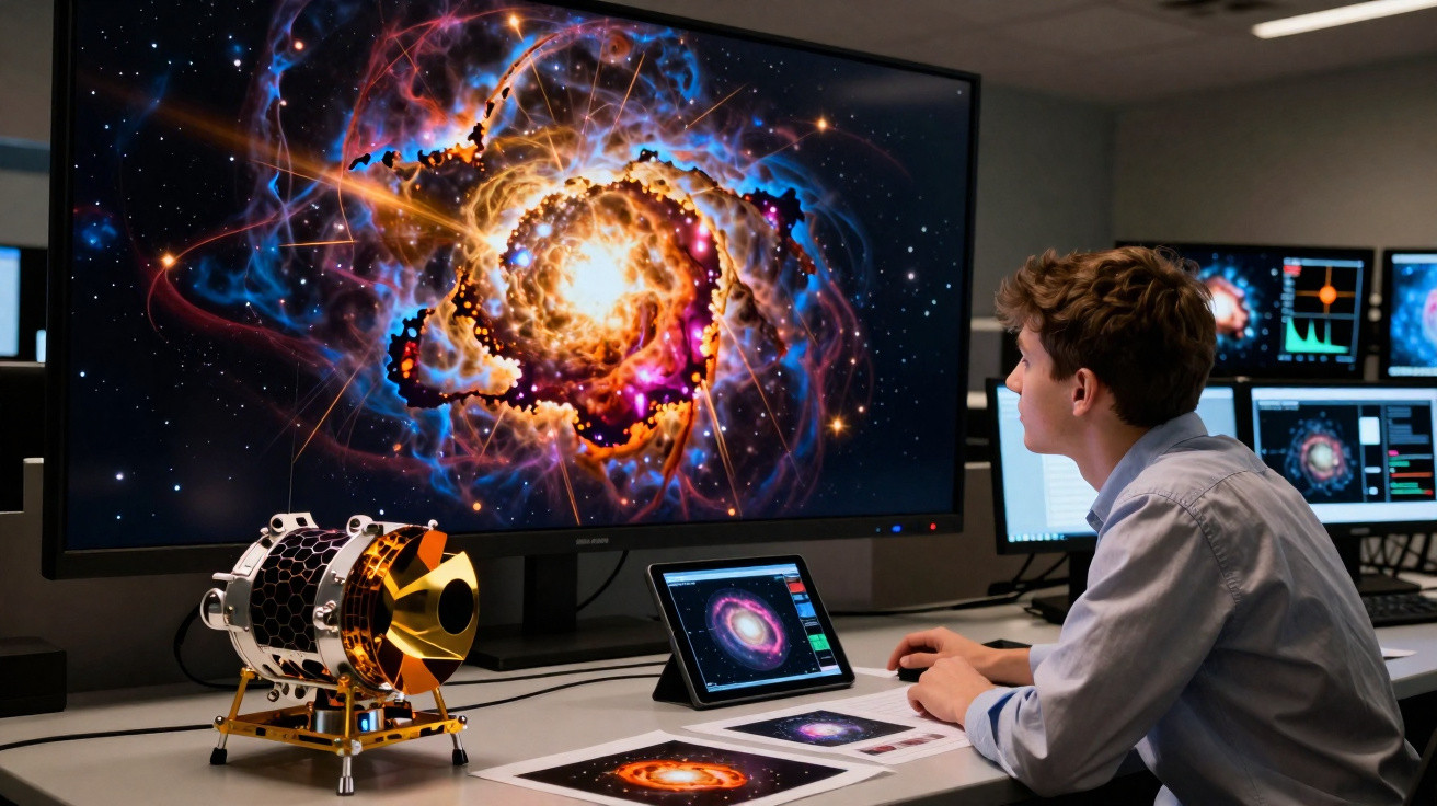 Jovem observando imagens de galáxias em múltiplas telas de computador em laboratório de astronomia.