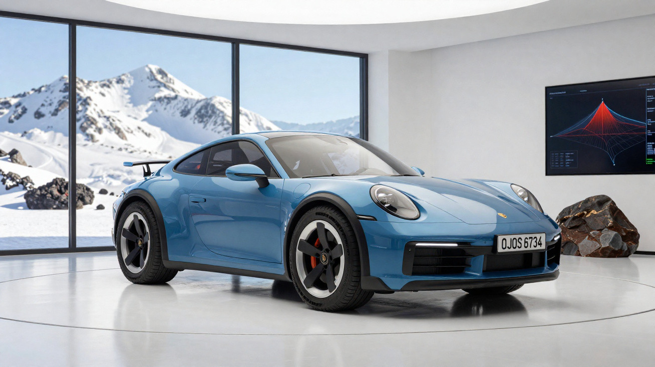 Carro esportivo azul Porsche 911 estacionado em ambiente moderno com janelas para montanhas nevadas.