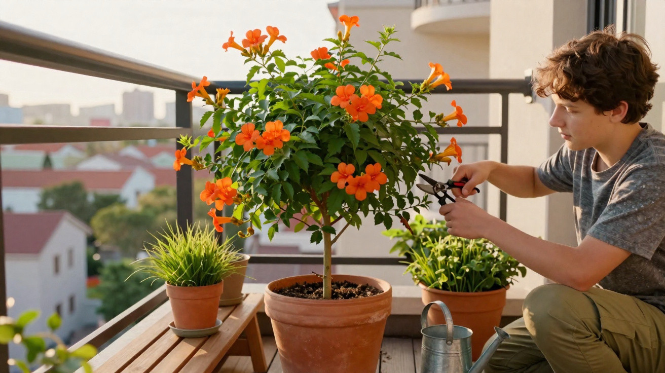 Jovem cuidando de plantas em vasos no varal de apartamento durante o dia.