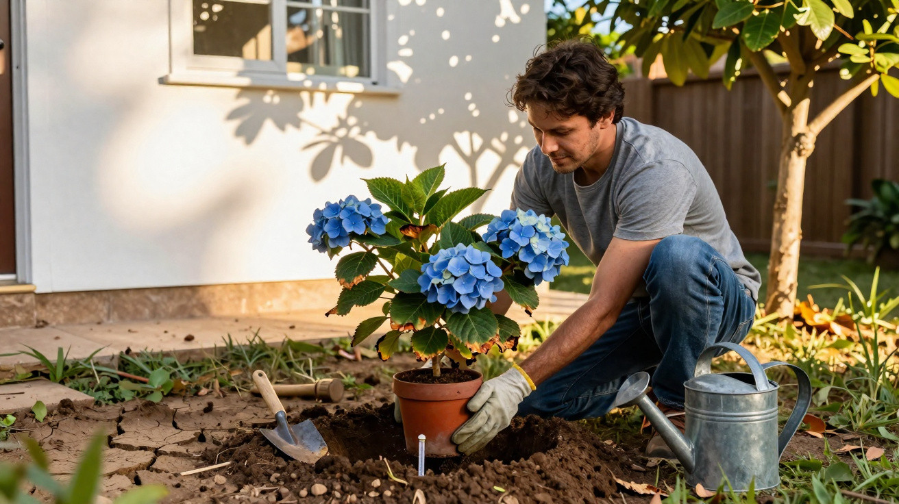 Homem plantando muda de hortênsia azul em jardim ensolarado, ao lado de regador e pá.