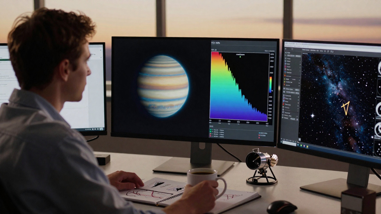 Pessoa analisando imagens de planetas e gráficos astronômicos em três monitores na mesa de trabalho.