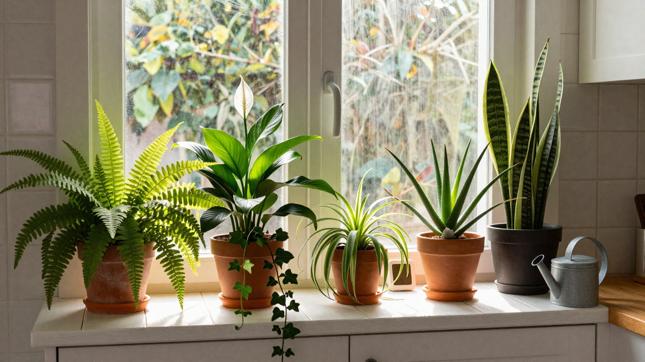 Jardim de cinco plantas em vasos variados na janela iluminada por luz natural.
