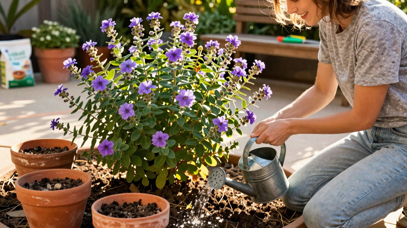 Mulher regando plantas com flores roxas em jardim ao ar livre em dia ensolarado.