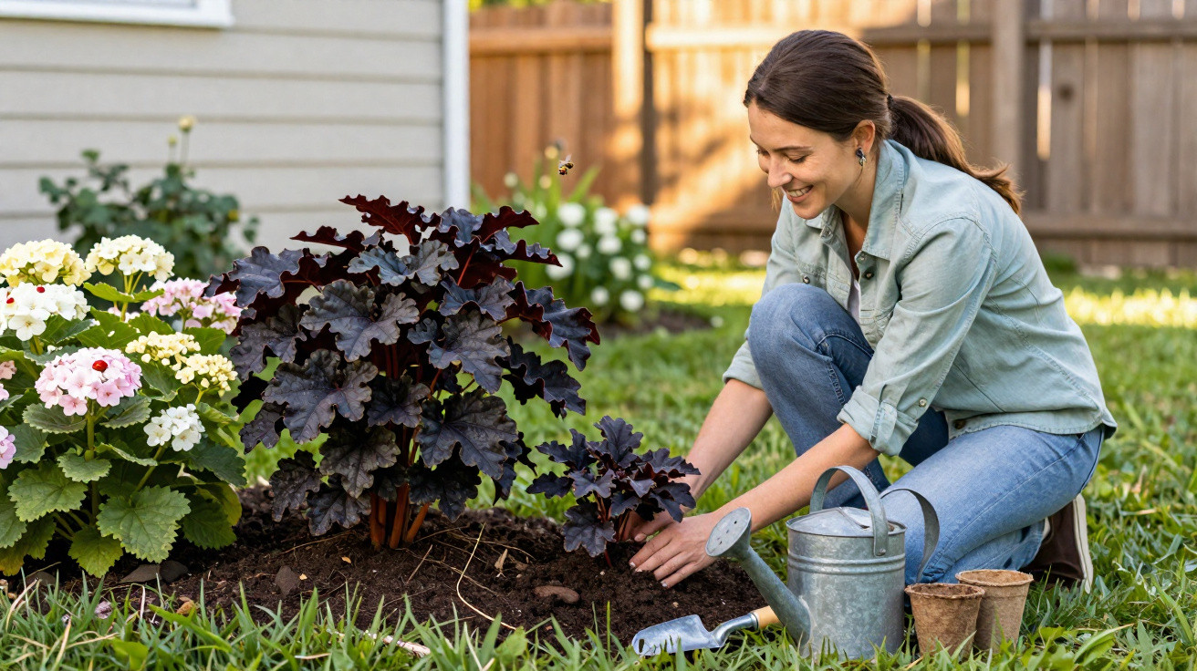 Mulher sorridente plantando flores em jardim, com regador e ferramentas ao lado em área gramada.