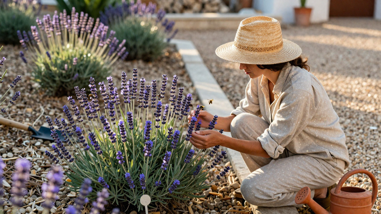 Mulher com chapéu cuidando de plantas de lavanda em jardim com regador vermelho ao lado.