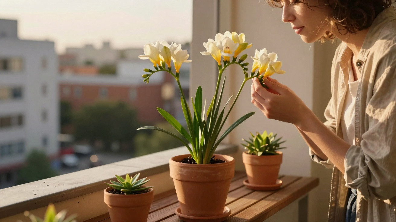Mulher cuidando de plantas em vasos, apreciando flores brancas com luz do sol ao amanhecer na varanda.