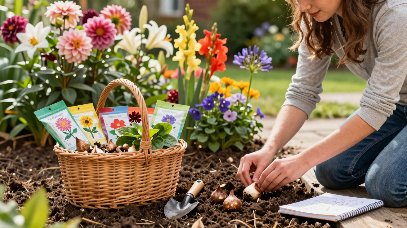 Mulher plantando bulbos em jardim florido ao lado de cesta com pacotes de sementes coloridas.