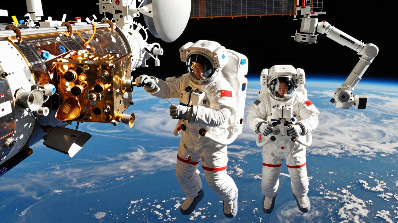 Dois astronautas em traje espacial realizam manutenção fora da estação espacial com a Terra ao fundo.