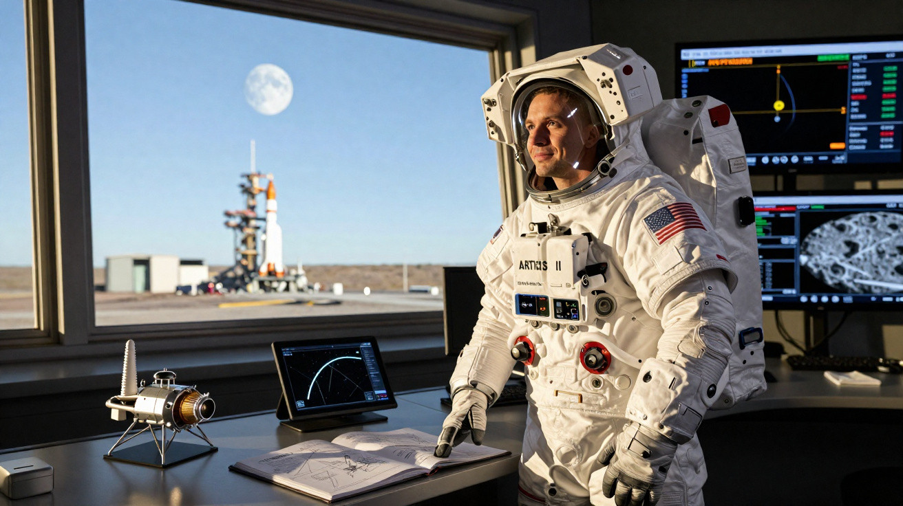 Astronauta em traje espacial dentro de sala de controle com modelo de nave e telas ao fundo.