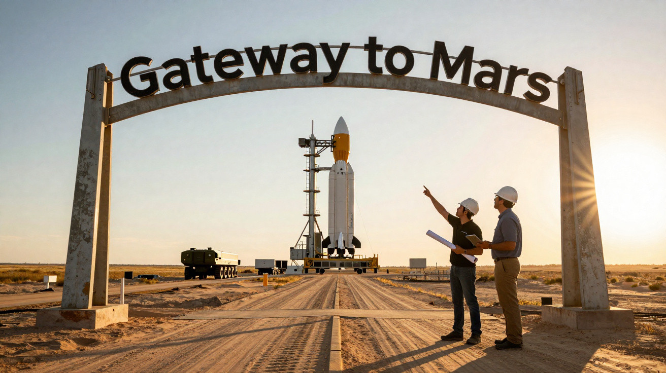 Dois engenheiros com capacetes observam um foguete sob arco com a inscrição "Gateway to Mars" ao pôr do sol.