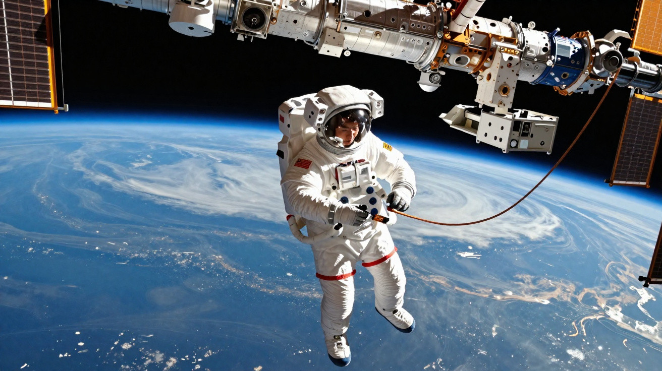 Astronauta em traje espacial realizando caminhada fora da Estação Espacial com a Terra ao fundo.