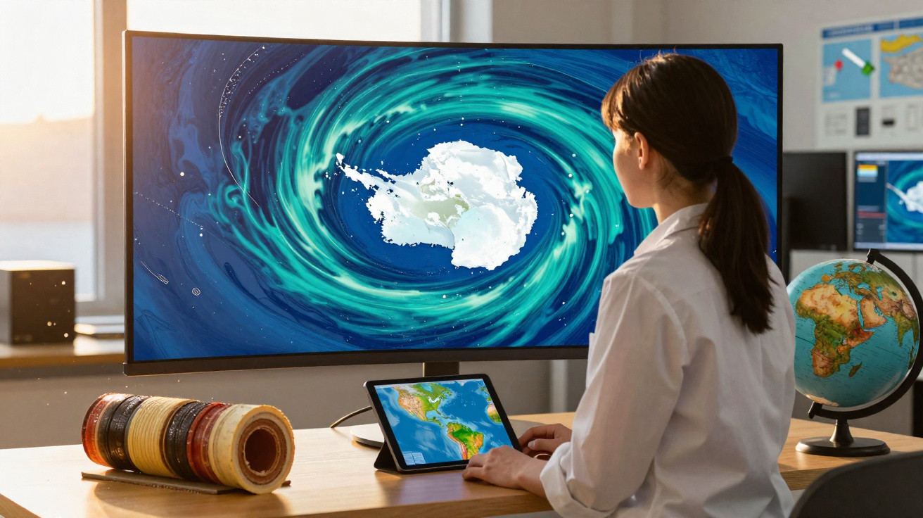 Pessoa usando tablet e monitor com mapa de corrente oceânica e globo terrestre em sala de aula.