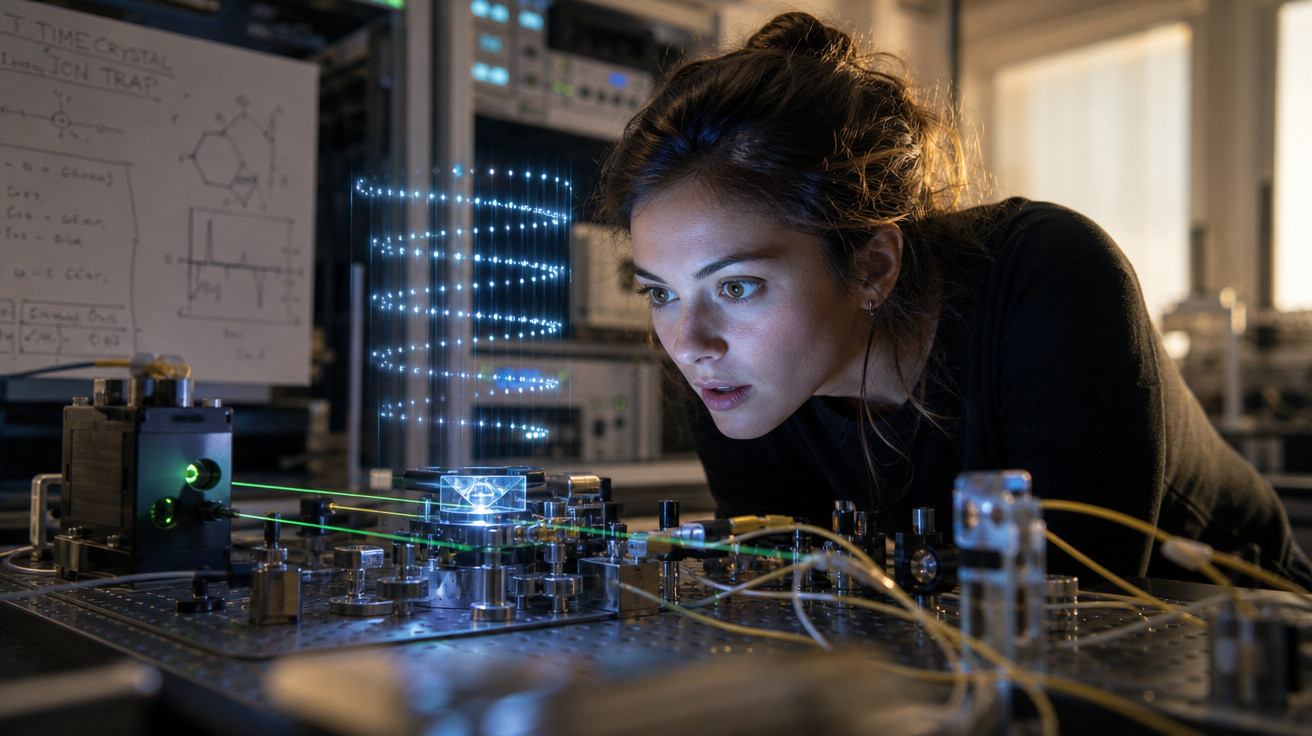 Mulher cientista observa experimento holográfico em laboratório tecnológico avançado.