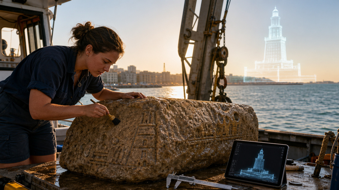 Mulher restaura pedra antiga com inscrições egípcias em barco, tablet exibe imagem digital do Farol de Alexandria.