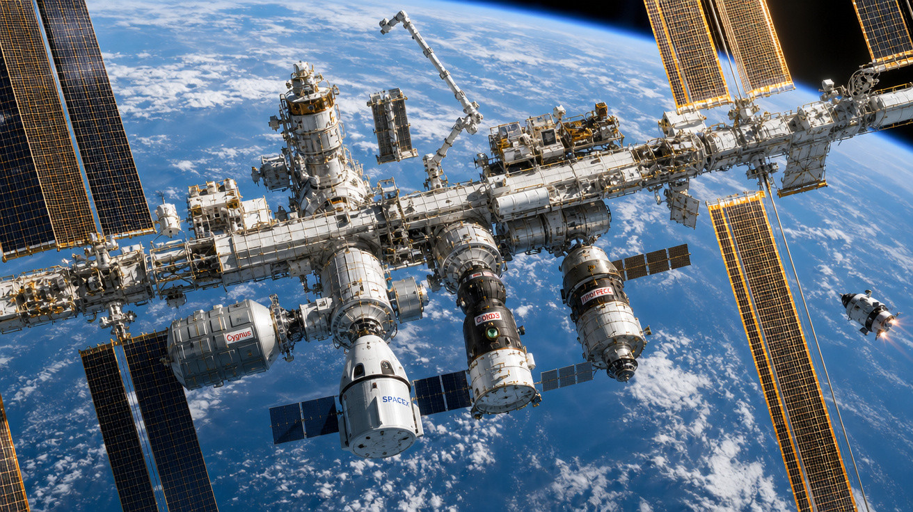 Estação Espacial Internacional em órbita da Terra com módulos, painéis solares e aterrissagem de cápsulas espaciais.