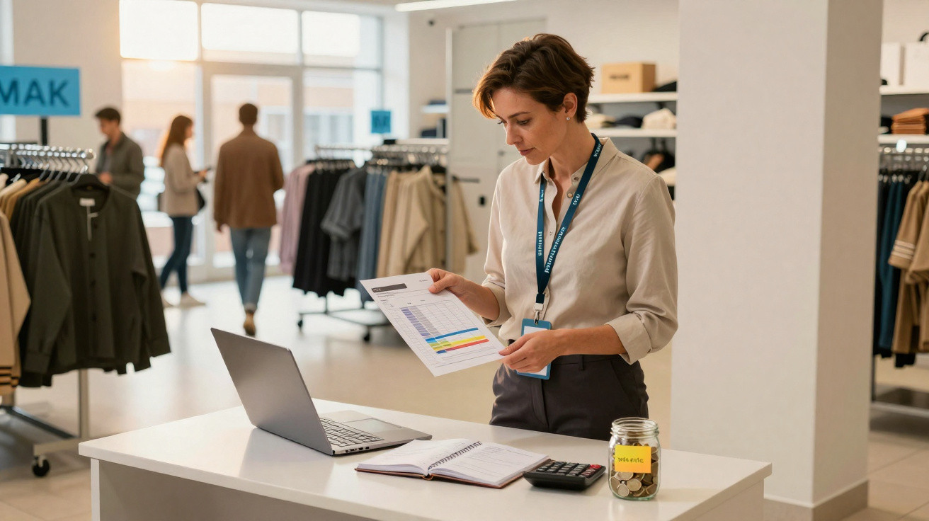 Mulher analisa planilha em papel na frente de notebook em loja de roupas com clientes ao fundo.
