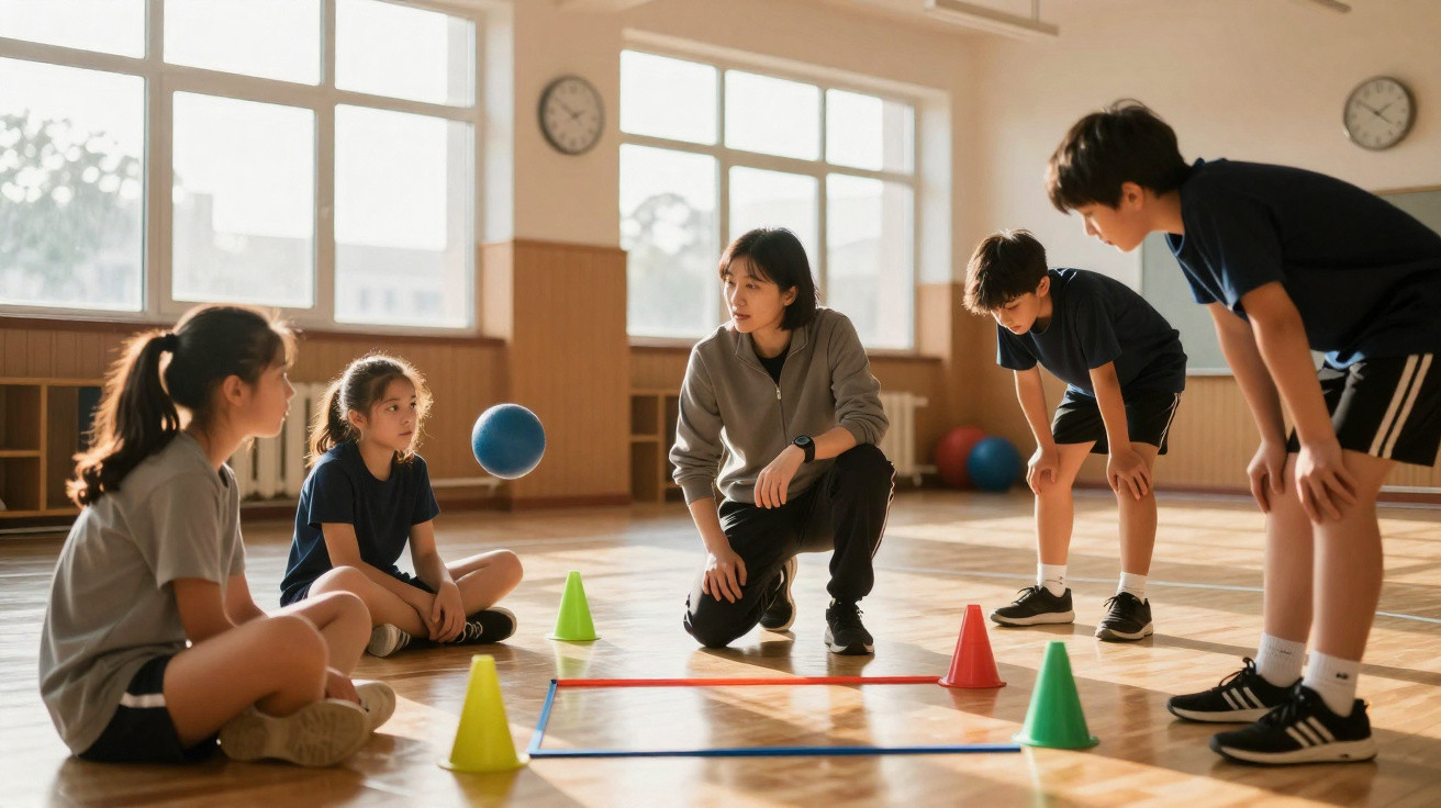 Professora e crianças sentadas em círculo no piso da quadra esportiva durante aula de educação física.