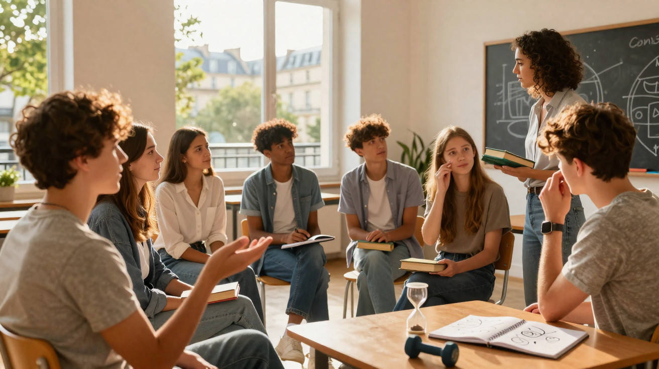 Grupo de estudantes sentados em círculo participando de discussão em sala iluminada por luz natural.
