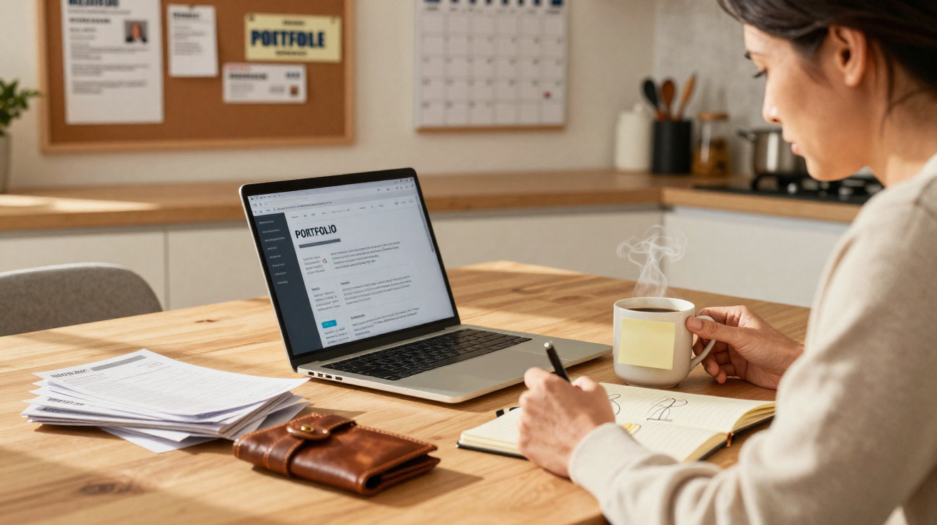 Mulher com expressão preocupada sentada à mesa com laptop, caderno e café na cozinha.