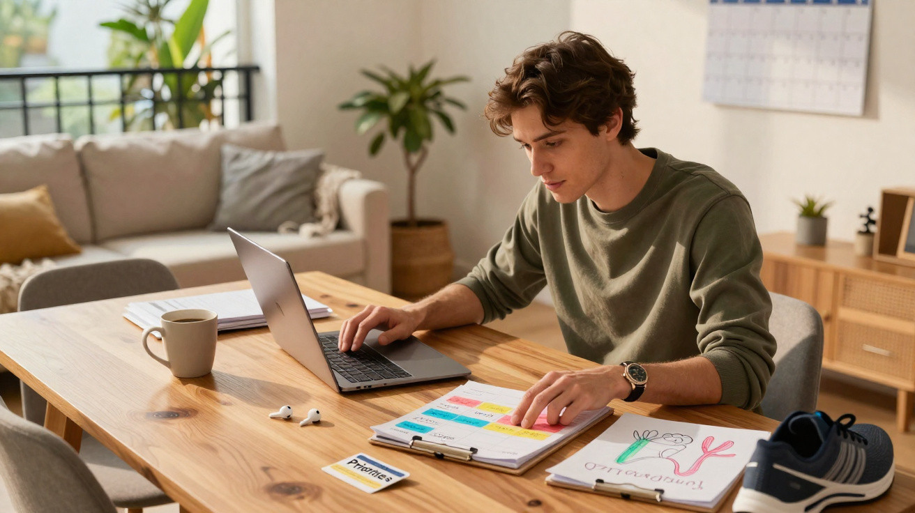 Jovem sentado à mesa, organizando agenda colorida com laptop aberto ao lado em ambiente aconchegante.