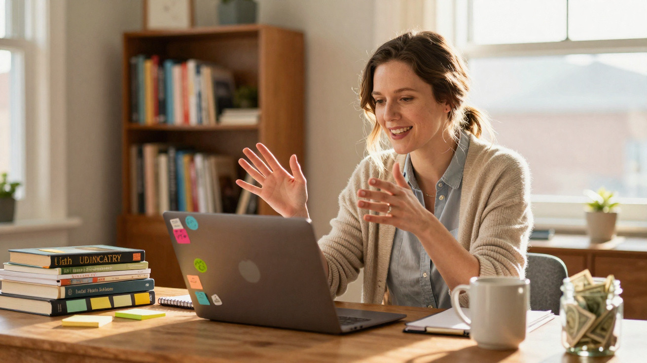 Mulher sorrindo participa de reunião online no notebook em mesa com livros, caderno e pote com dinheiro.