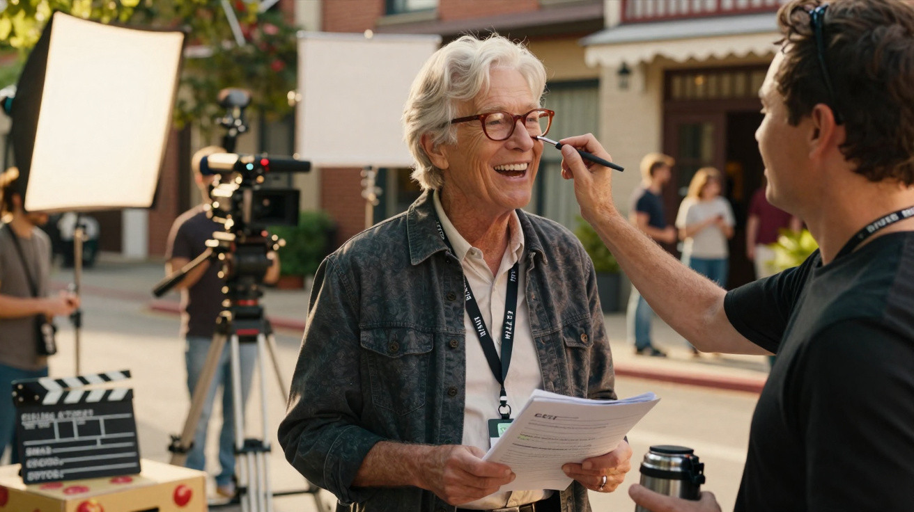 Homem sorridente com roteiro recebe retoques de maquiagem em set de filmagem ao ar livre.