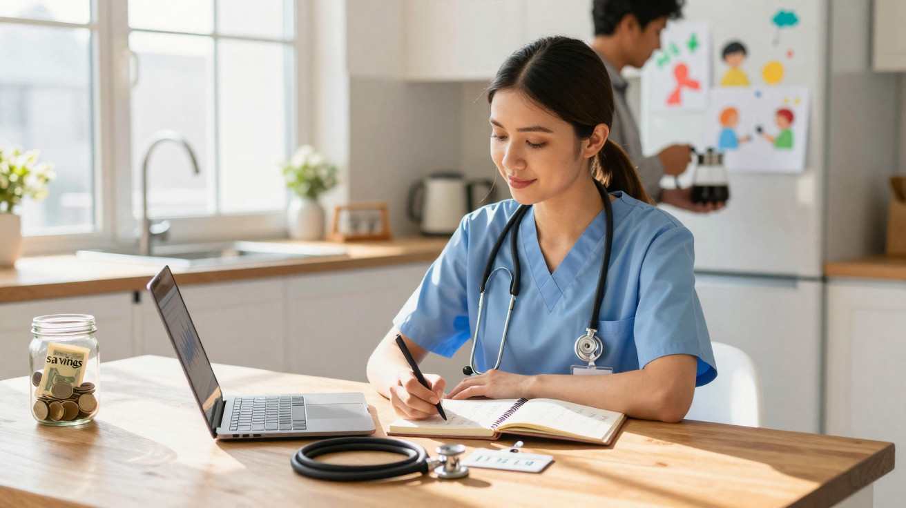 Mulher de uniforme médico estudando em mesa com notebook e jarro de moedas, família ao fundo na cozinha.