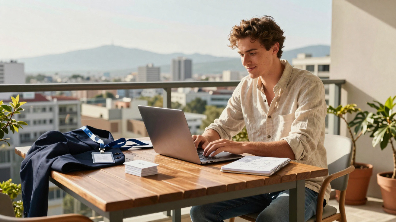 Homem jovem trabalhando no notebook em mesa externa com caderno e paletó ao lado, vista da cidade ao fundo.
