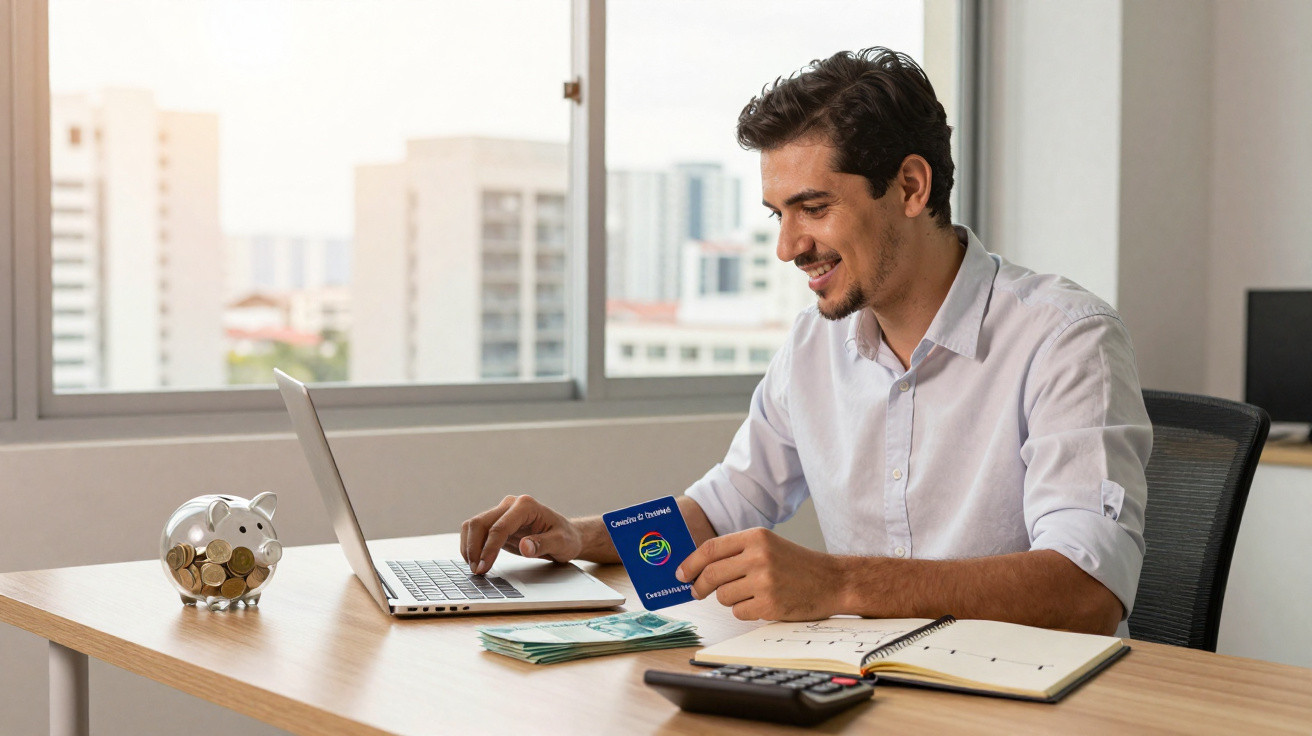 Homem sorridente segurando carteira de trabalho e usando laptop em mesa com caderno, dinheiro e cofrinho.