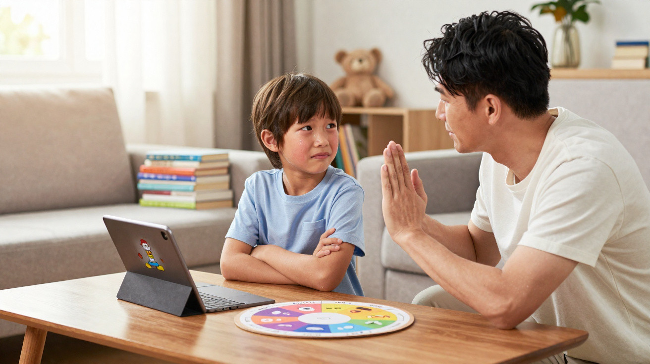 Criança triste conversando com adulto que tenta confortá-la em sala com tablet e jogo de roda colorida.