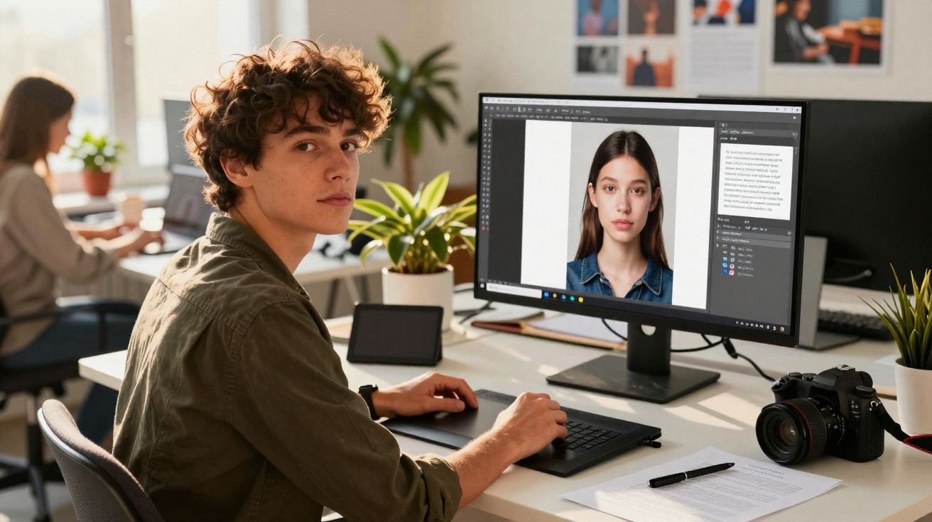 Jovem editando retrato de mulher em software de design gráfico em escritório moderno.