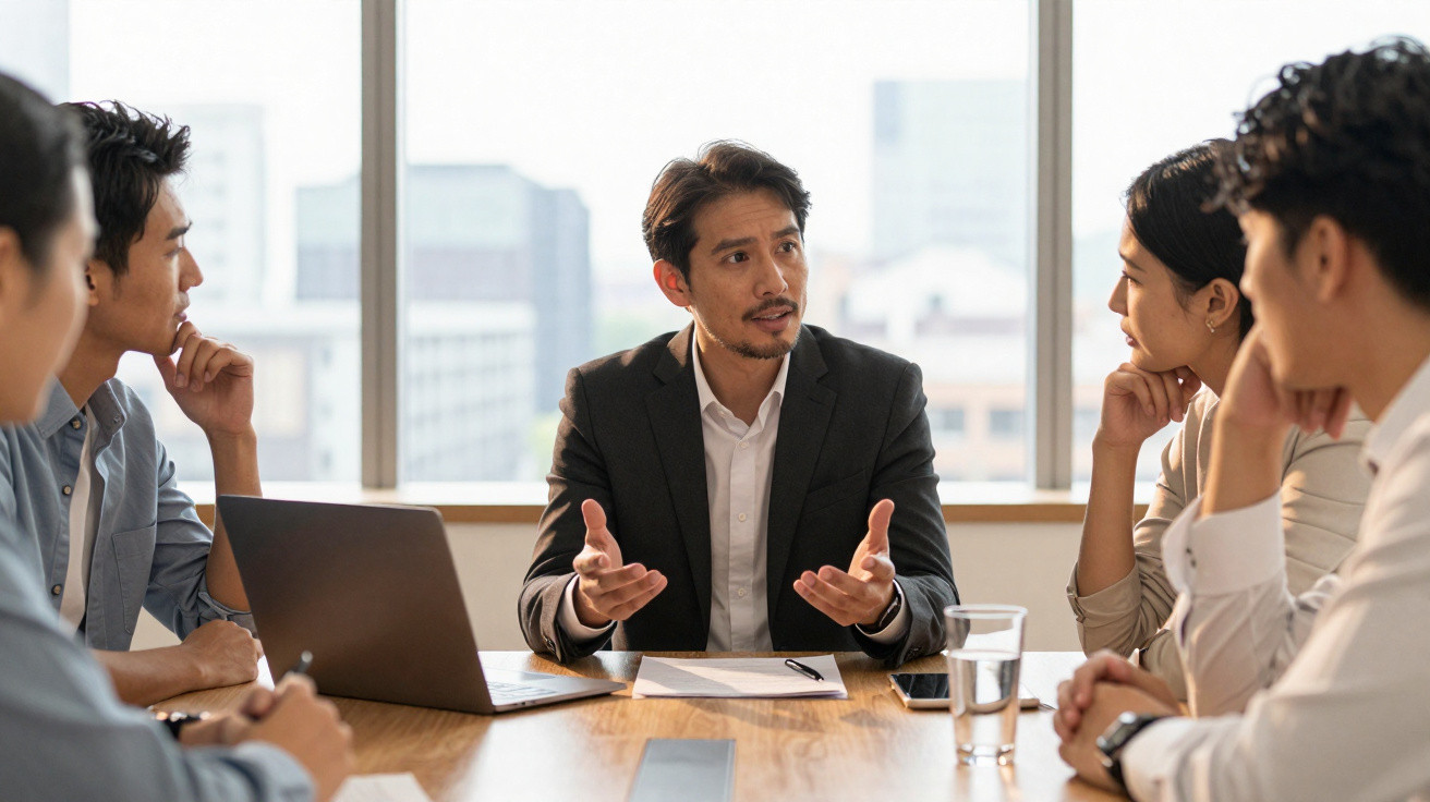 Quatro pessoas em reunião de negócios, discutindo assuntos ao redor da mesa perto de janela ampla.