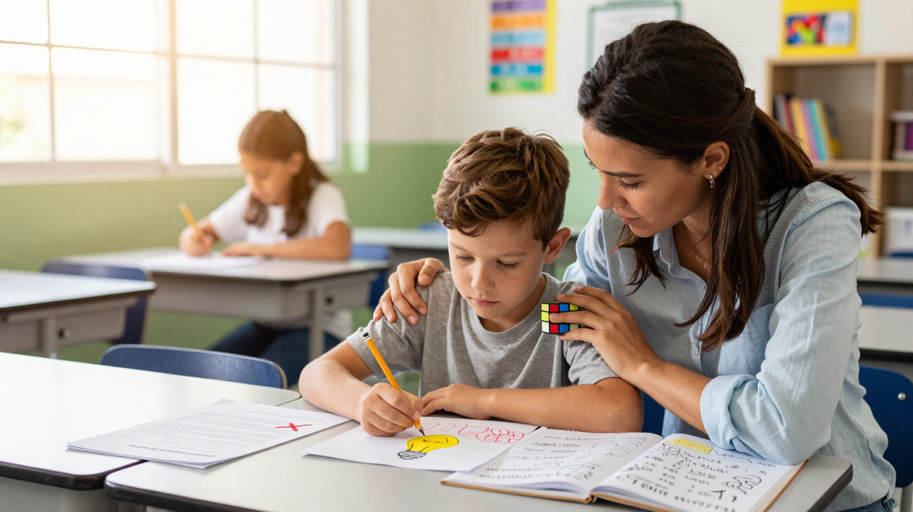 Mulher apoiando menino enquanto ele desenha uma lâmpada amarela em folha na sala de aula.