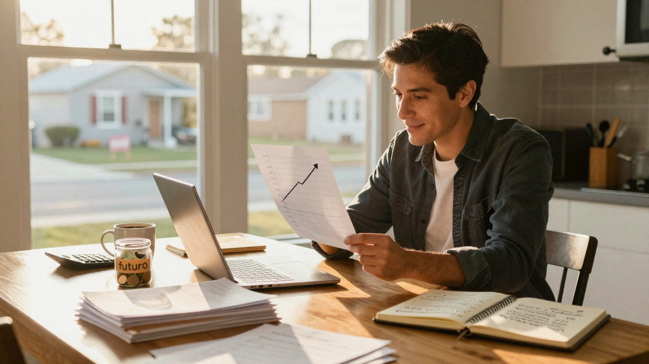 Homem sorrindo analisa gráfico financeiro em folha sentado à mesa com notebook e jarra de moedas.