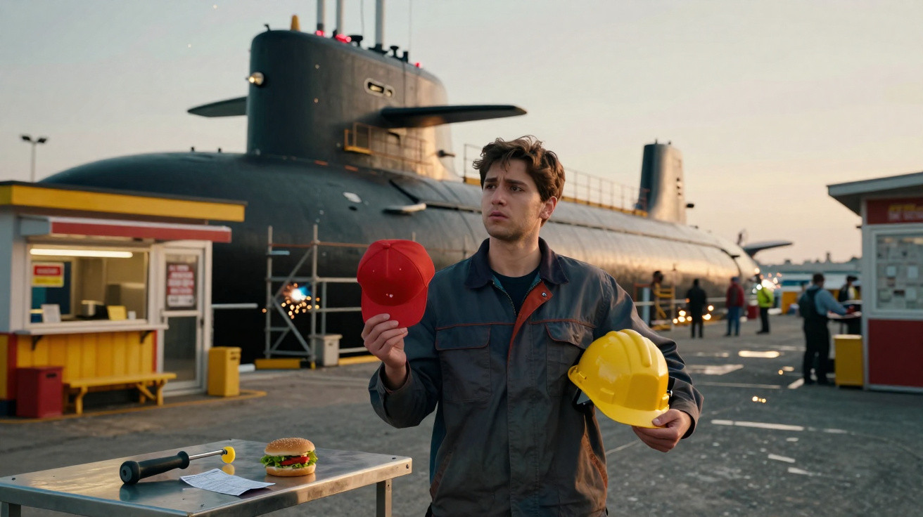 Jovem em porto industrial segura capacetes vermelho e amarelo, com submarino e hambúrguer à mesa ao entardecer.