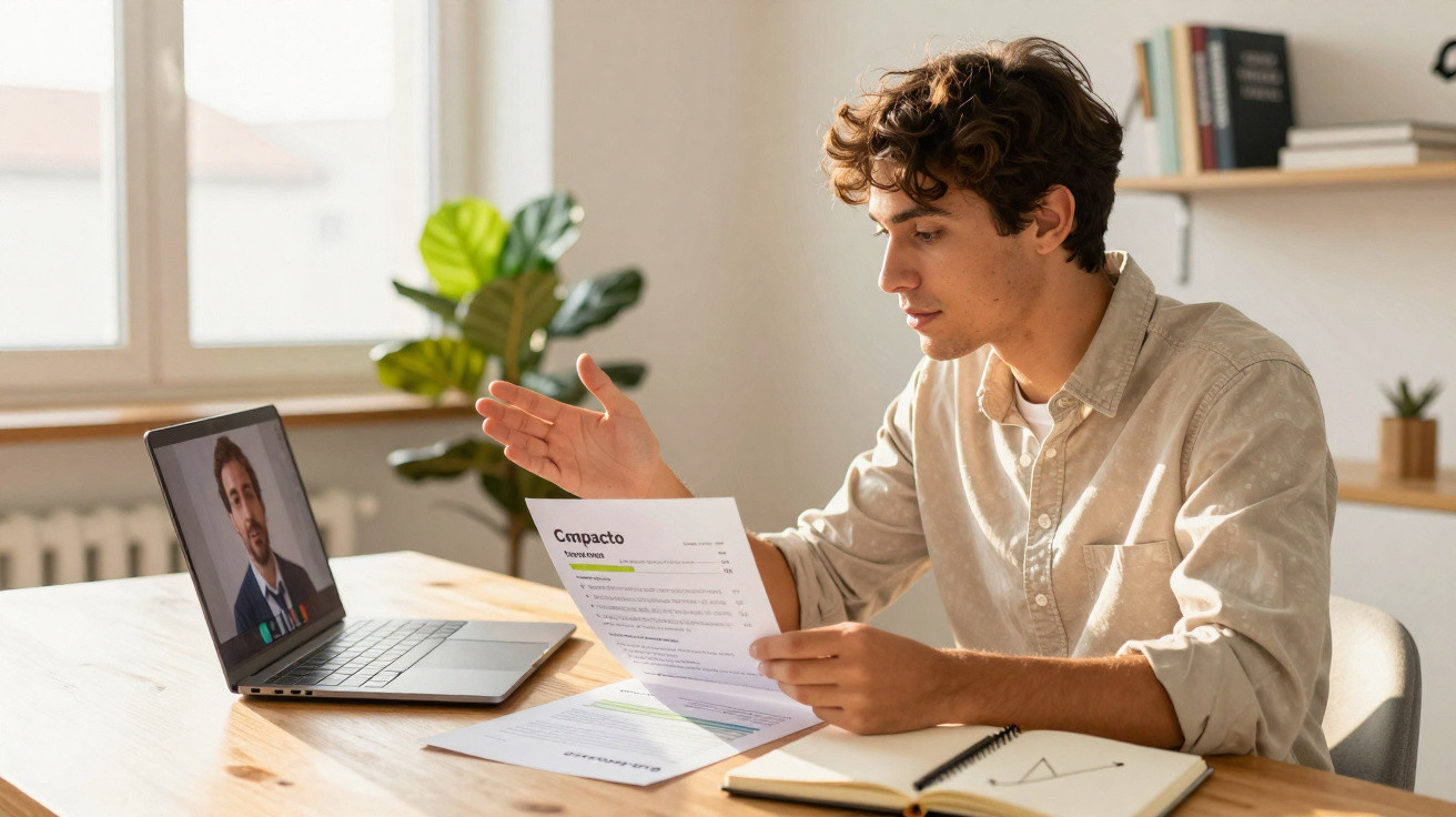 Jovem participando de videoconferência, revisando documentos de trabalho em mesa com laptop e caderno.